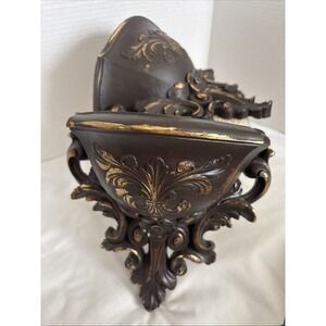 Pair Of Vintage Wall Sconces Pockets Homco Dark Brown With Gold Highlights
